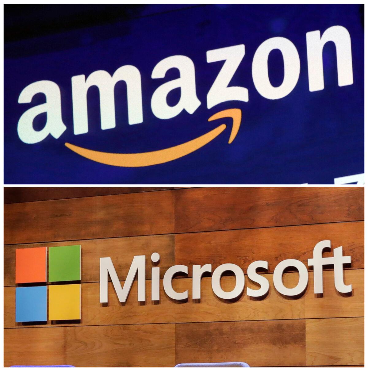 This combination of file photos shows the logos for Amazon, top, and Microsoft. (Richard Drew and Ted S. Warren, File/AP Photo)