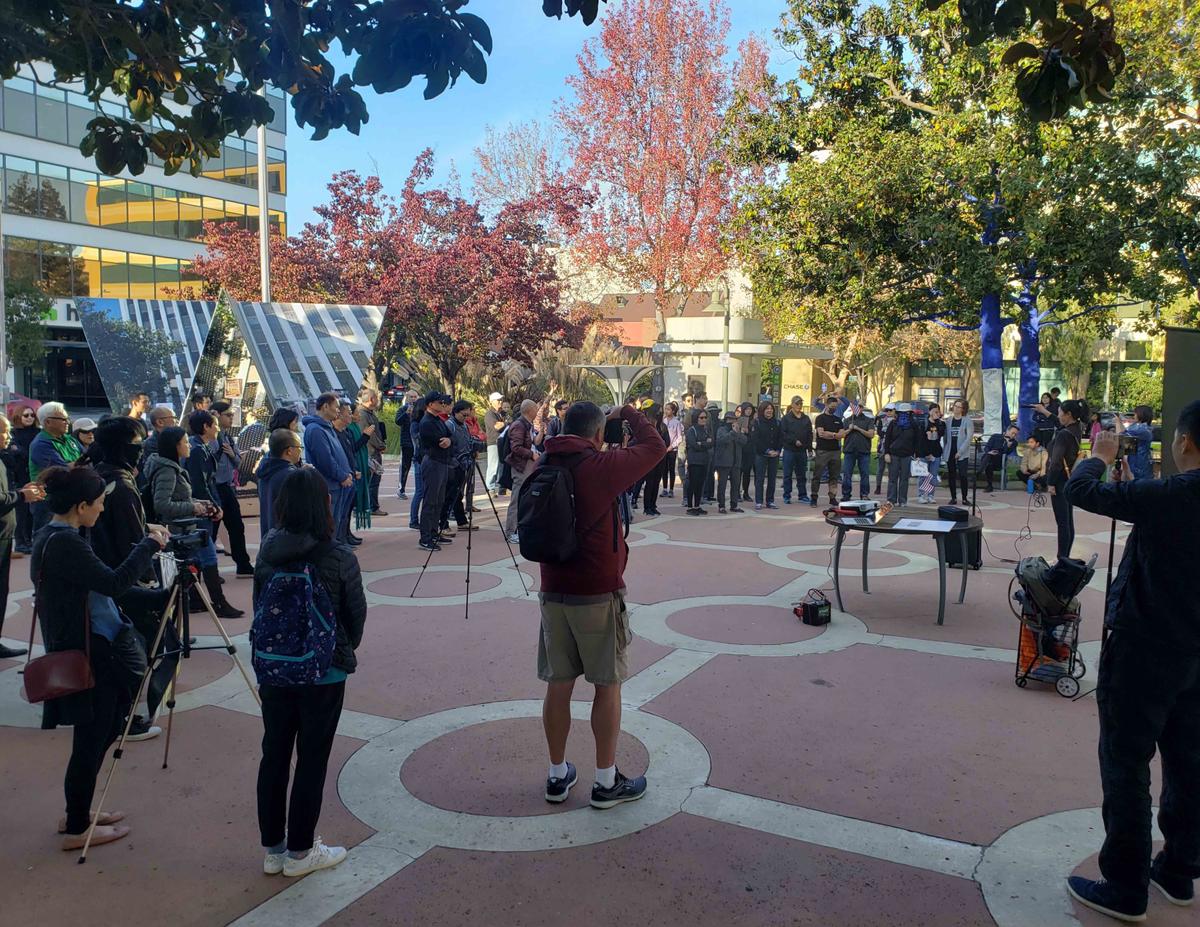 People gather in front of City Hall in Palo Alto, Calif., on Nov. 24, 2019, to support the Hong Kong protesters. (David Lam/The Epoch Times)