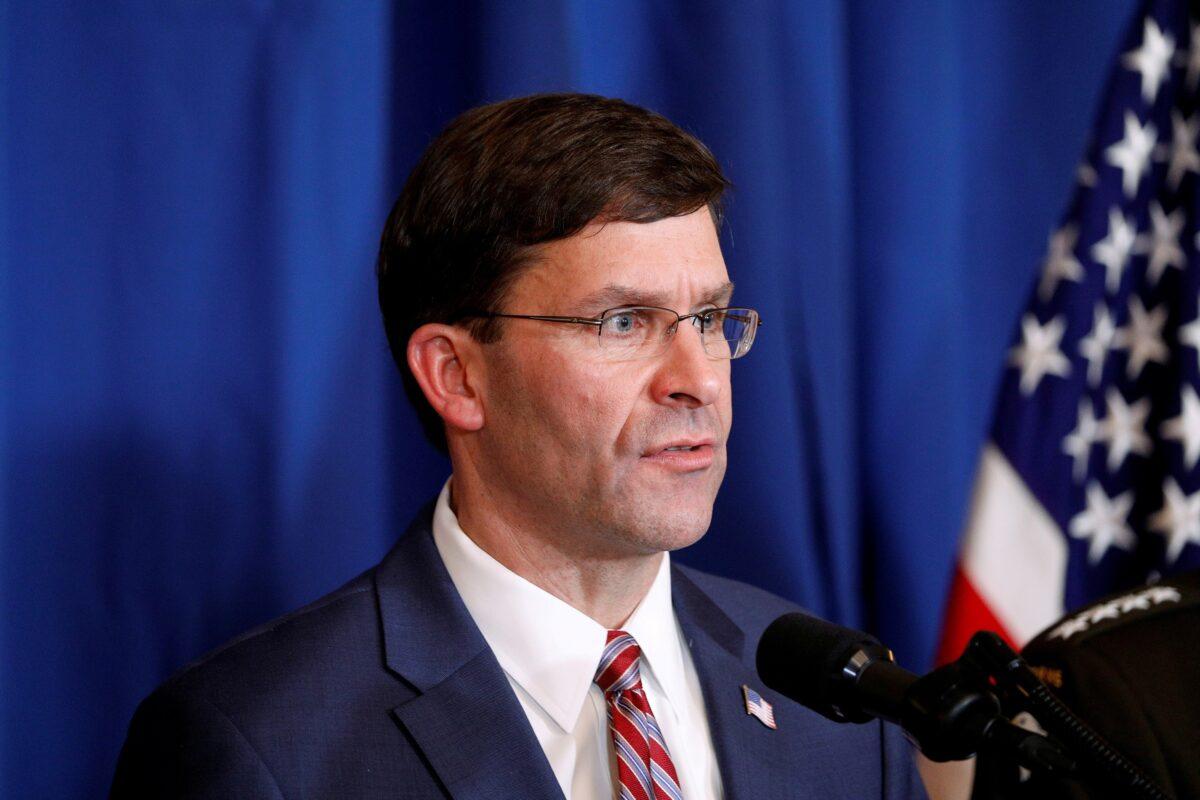 Secretary of Defense Mark Esper speaks about airstrikes by the U.S. military in Iraq and Syria, at the Mar-a-Lago resort in Palm Beach, Florida, on Dec. 29, 2019. (Tom Brenner/Reuters)
