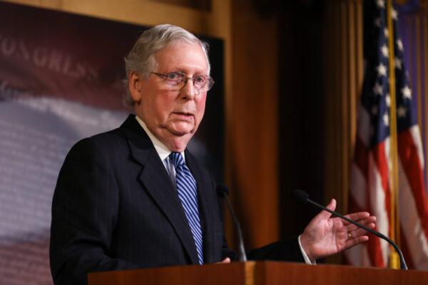Senate Majority Leader Sen. Mitch McConnell (R-Ky.) speaks to media after the Senate voted to acquit President Donald Trump on two articles of impeachment, at the Capitol in Washington on Feb. 5, 2020. (Charlotte Cuthbertson/The Epoch Times)
