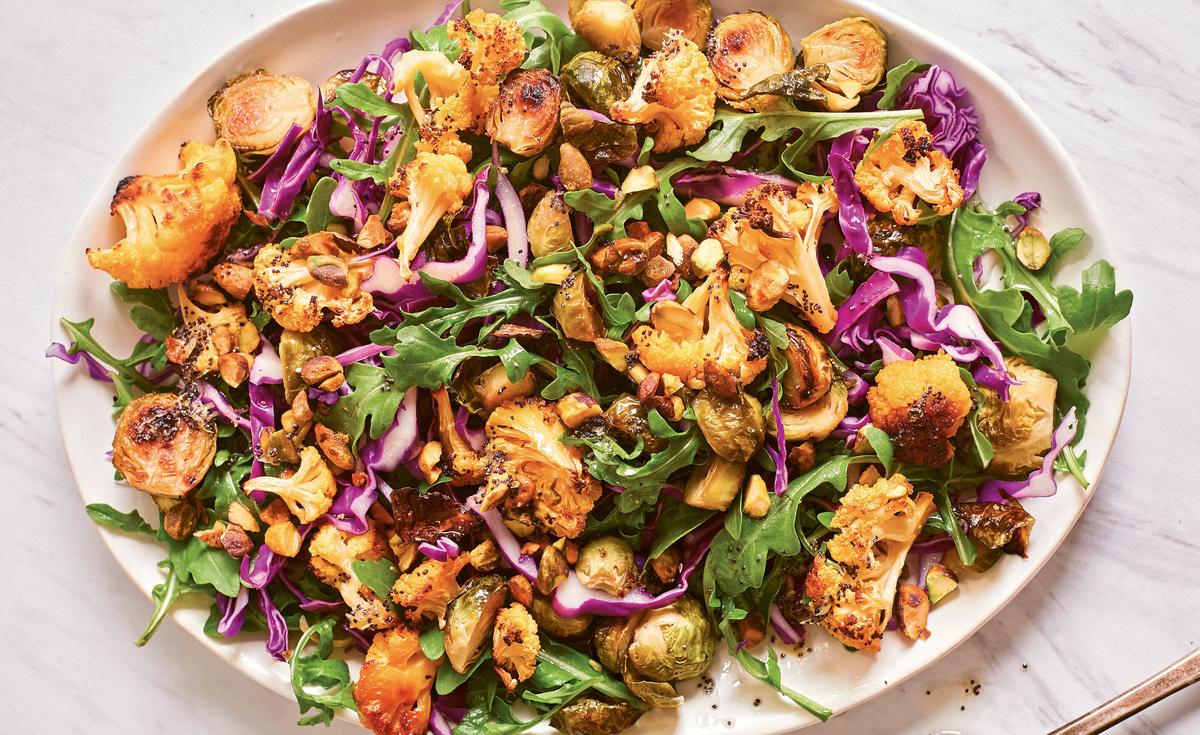 Arugula and Roasted Veggie Salad With Lemon-Chia Dressing