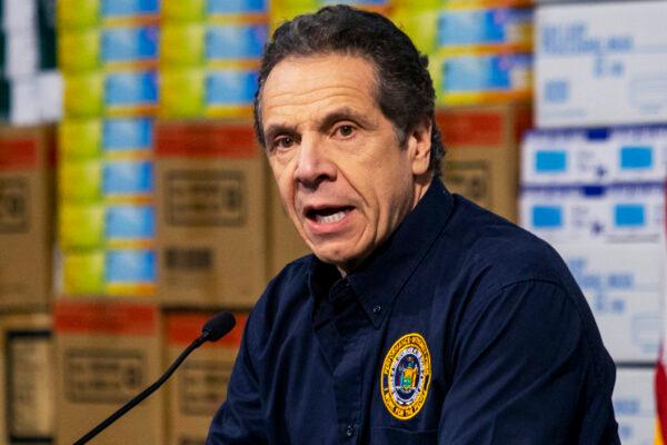 New York Gov. Andrew Cuomo speaks to the media at the Javits Convention Center which is being turned into a hospital to help fight coronavirus cases, in New York City on March 24, 2020. (Eduardo Munoz Alvarez/Getty Images)