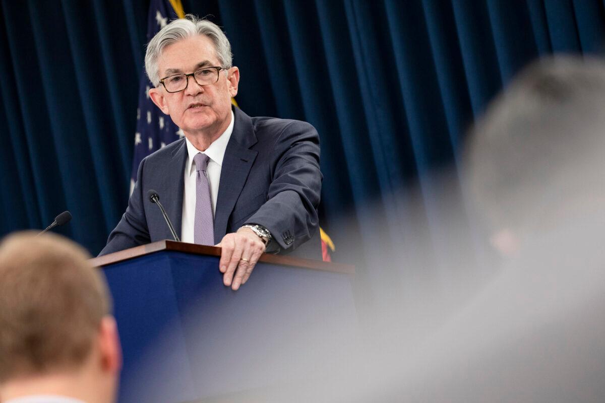Federal Reserve Chair Jerome Powell speaks at a press conference in Washington, on Jan. 29, 2020. (Samuel Corum/Getty Images)