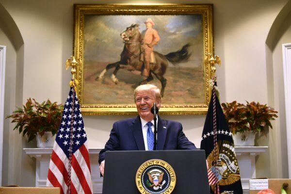 President Donald Trump speaks about the food supply chain during the CCP virus pandemic, in the Roosevelt Room of the White House on May 19, 2020. (Brendan Smialowski/AFP via Getty Images)