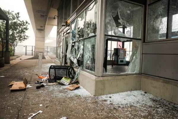 The vandalized Lake Street/Midtown metro station after a night of protests and violence following the death of George Floyd, in Minneapolis, on May 29, 2020. (Charlotte Cuthbertson/The Epoch Times)