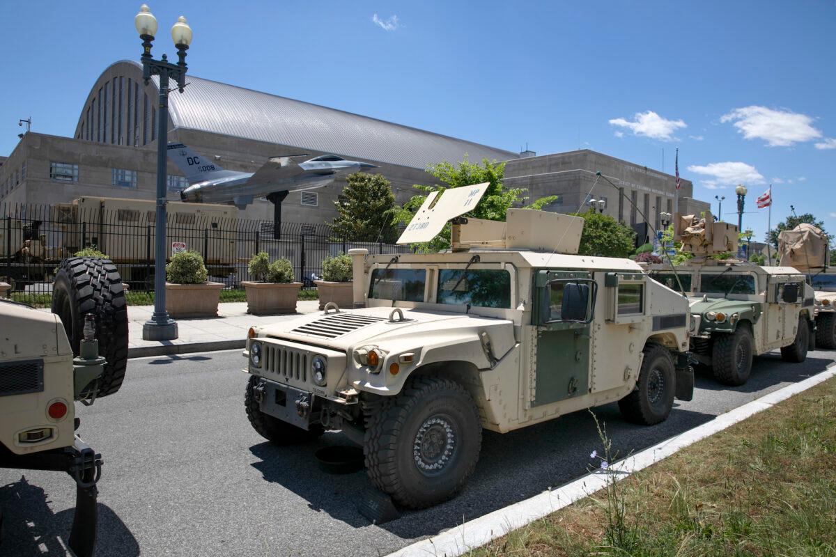 Vehicles for the District of Columbia National Guard are seen outside the Armory, in Washington, on June 1, 2020. (AP Photo/Jacquelyn Martin)
