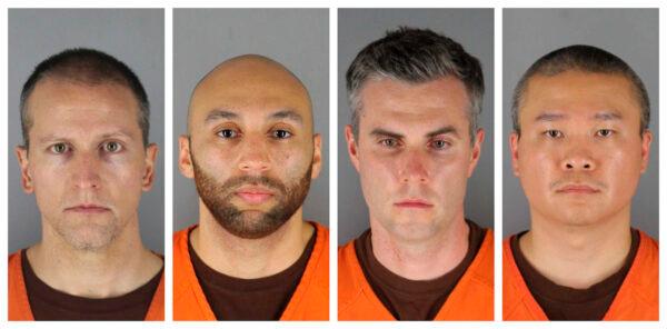 This combination of photos provided by the Hennepin County Sheriff's Office in Minnesota on Wednesday, June 3, 2020, shows Derek Chauvin, from left, J. Alexander Kueng, Thomas Lane and Tou Thao. Chauvin is charged with second-degree murder of George Floyd. Kueng, Lane and Thao have been charged with aiding and abetting Chauvin. (Hennepin County Sheriff's Office via AP)