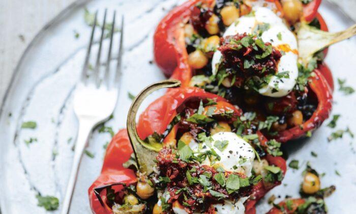 Grilled Peppers With Chickpeas, Tomatoes, Black Olives, and Harissa Yogurt