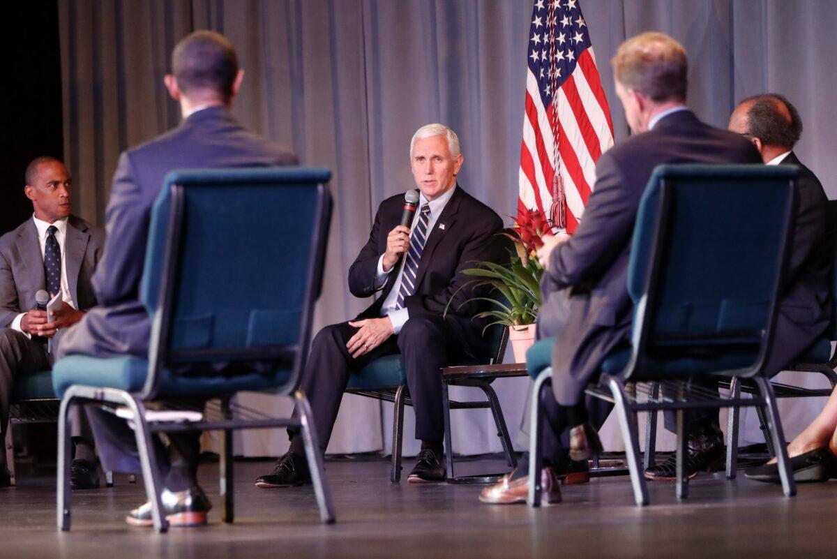A group of delegates participate in a discussion with Vice President Mike Pence, center, at the Covenant Church of Pittsburgh in Wilkinsburg, Pa., on June 12, 2020. (Keith Srakocic/AP Photo)
