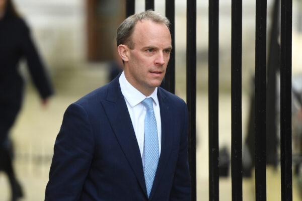 Britain's Foreign Secretary Dominic Raab arrives at 10 Downing Street in London, on April 6, 2020. (Peter Summers/Getty Images)