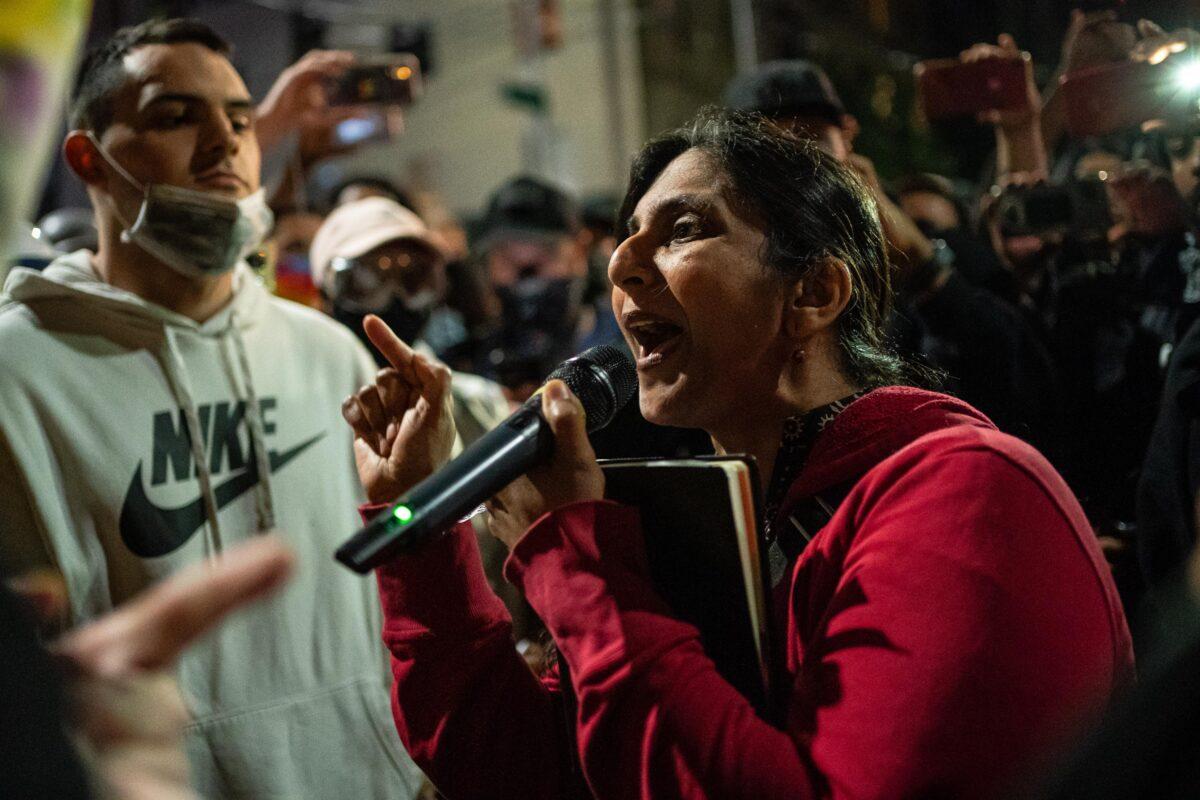 Seattle City Council member Kshama Sawant speaks as demonstrators hold a rally outside of the Seattle Police Department's abandoned East Precinct, in Seattle on June 8, 2020. (David Ryder/Getty Images)