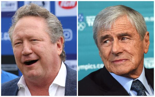 L: Andrew Forrest addresses the media in Perth, Australia on Oct. 25, 2019. (Paul Kane/Getty Images) R: Executive chairman of Australia’s Seven Group Holdings, Kerry Stokes, in Sydney, Australia on Aug, 5, 2014. (WIlliam West/AFP via Getty Images)