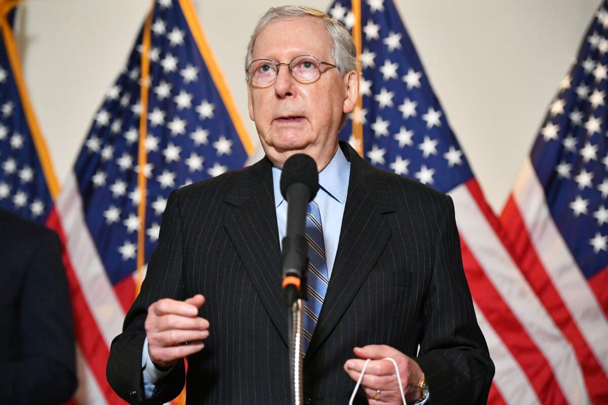 Senate Majority Leader Mitch McConnell (R-Ky.) speaks after attending the Senate Republican luncheon at the Hart Senate Office Building on Capitol Hill in Washington on Aug. 4, 2020. (Mandel Ngan/AFP via Getty Images)