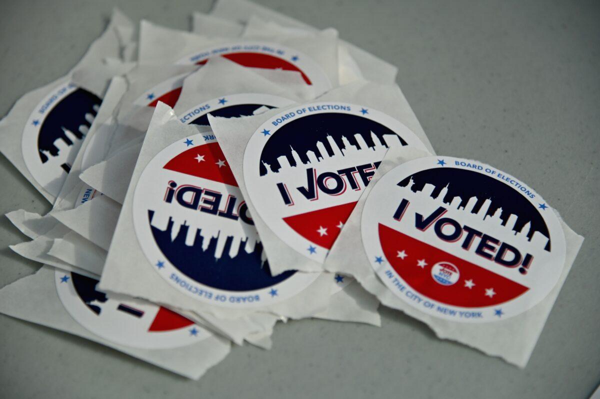 "I voted" stickers sit on a table at the BrooklynMuseum polling site during the New York Democratic presidential primary elections in New York City, N.Y., on July 23, 2020. (Angela Weiss/AFP via Getty Images)