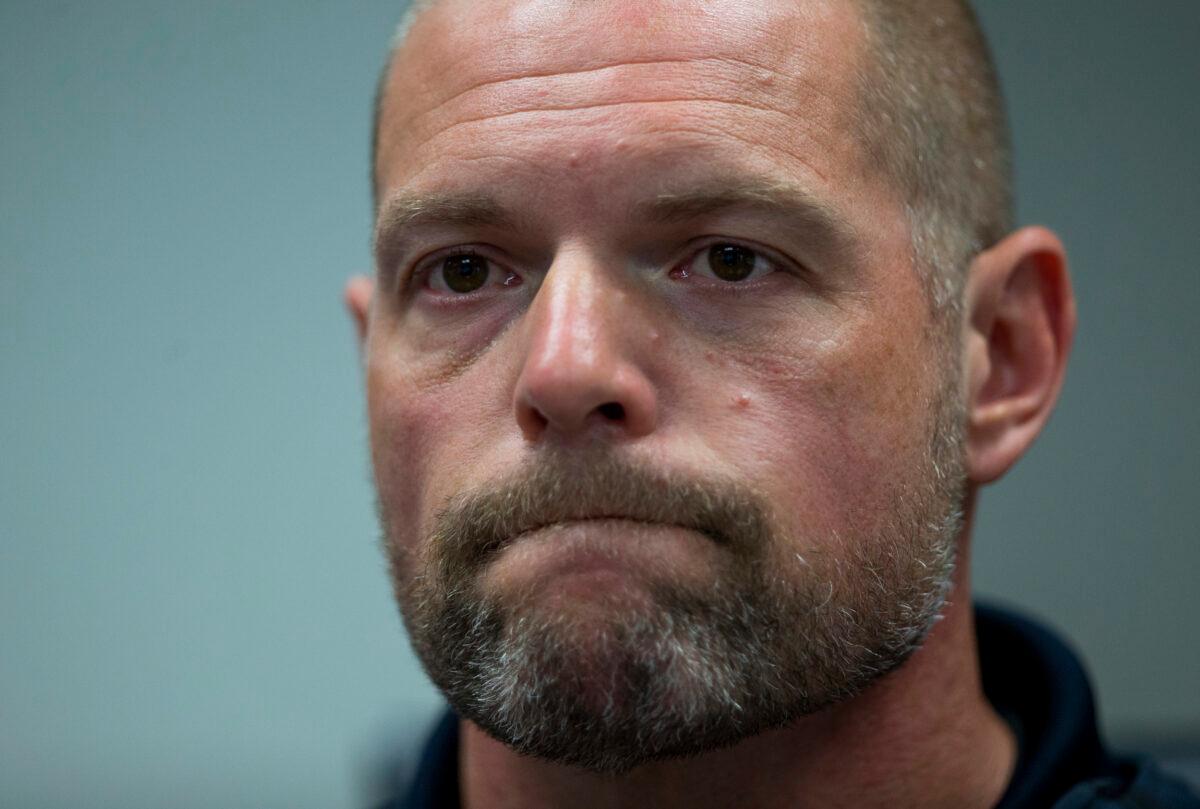 Portland Police Sgt. Brent Maxey speaks at a press conference at the Justice Center in Portland, Ore., on Aug. 6, 2020. (Dave Killen/The Oregonian via AP, Pool)
