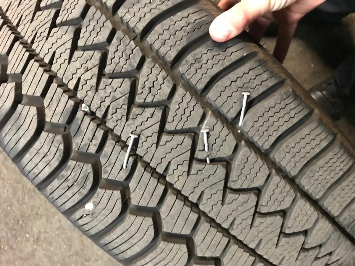 Nails in the tire of a law enforcement vehicles in Portland, Ore. (Portland Police Bureau)
