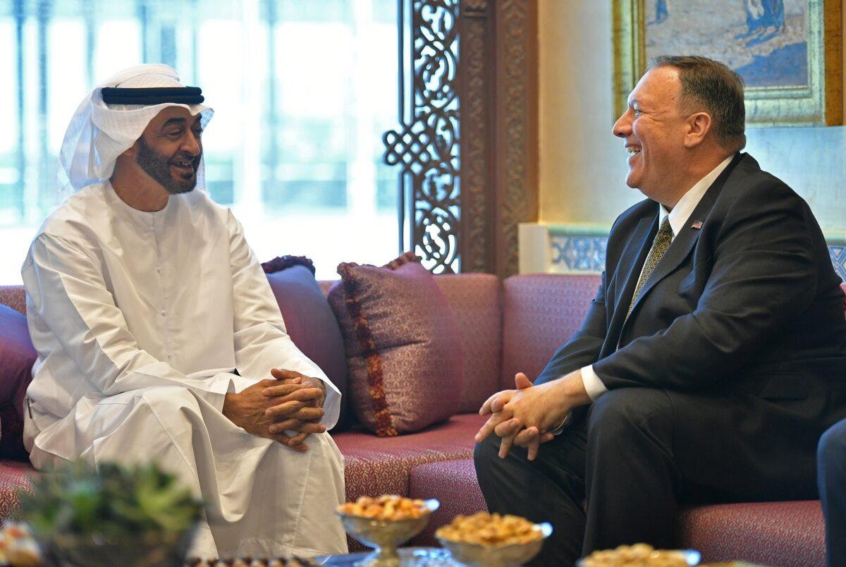 U.S. Secretary of State Mike Pompeo, right, takes part in a meeting with Abu Dhabi Crown Prince Mohammed bin Zayed al-Nahyan in Abu Dhabi, United Arab Emirates on Sept. 19, 2019. (Mandel Ngan/Pool via Reuters)