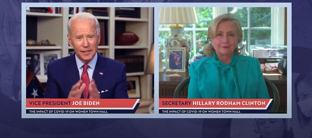 Former Secretary of State Hillary Clinton joins former Vice President and Democratic presidential candidate Joe Biden during a virtual town hall, on April 28, 2020. (PBS News Hour via Getty Images)