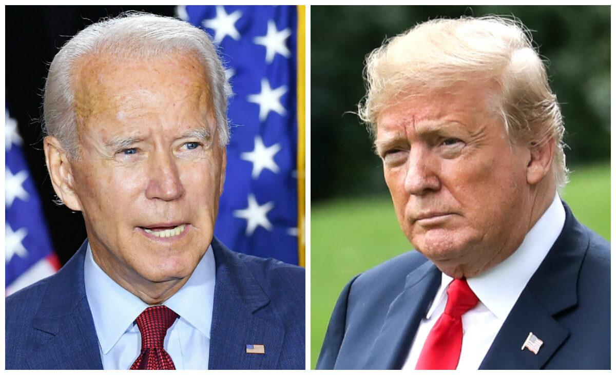 Democratic presidential candidate Joe Biden, left, speaks to reporters in Wilmington, Del., on Aug. 13, 2020. On right, President Donald Trump before boarding Marine One on the South Lawn of the White House in Washington on June 27, 2018. (Mandel Ngan/AFP via Getty Images; Samira Bouaou/The Epoch Times)