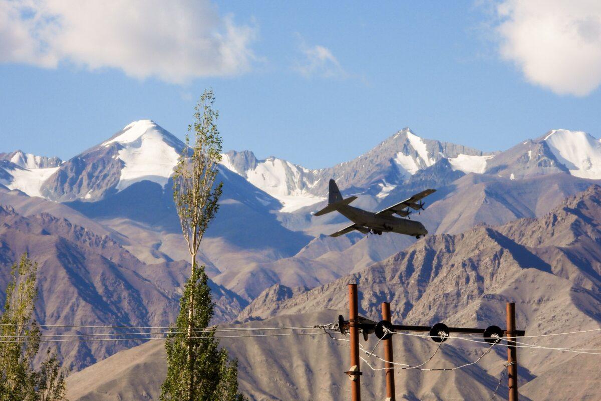 An Indian Air Force Hercules military transport plane prepares to land at an airbase in Leh, the joint capital of the union territory of Ladakh bordering China, on Sept. 8, 2020. (Mohd Arhaan Archer/AFP via Getty Images)