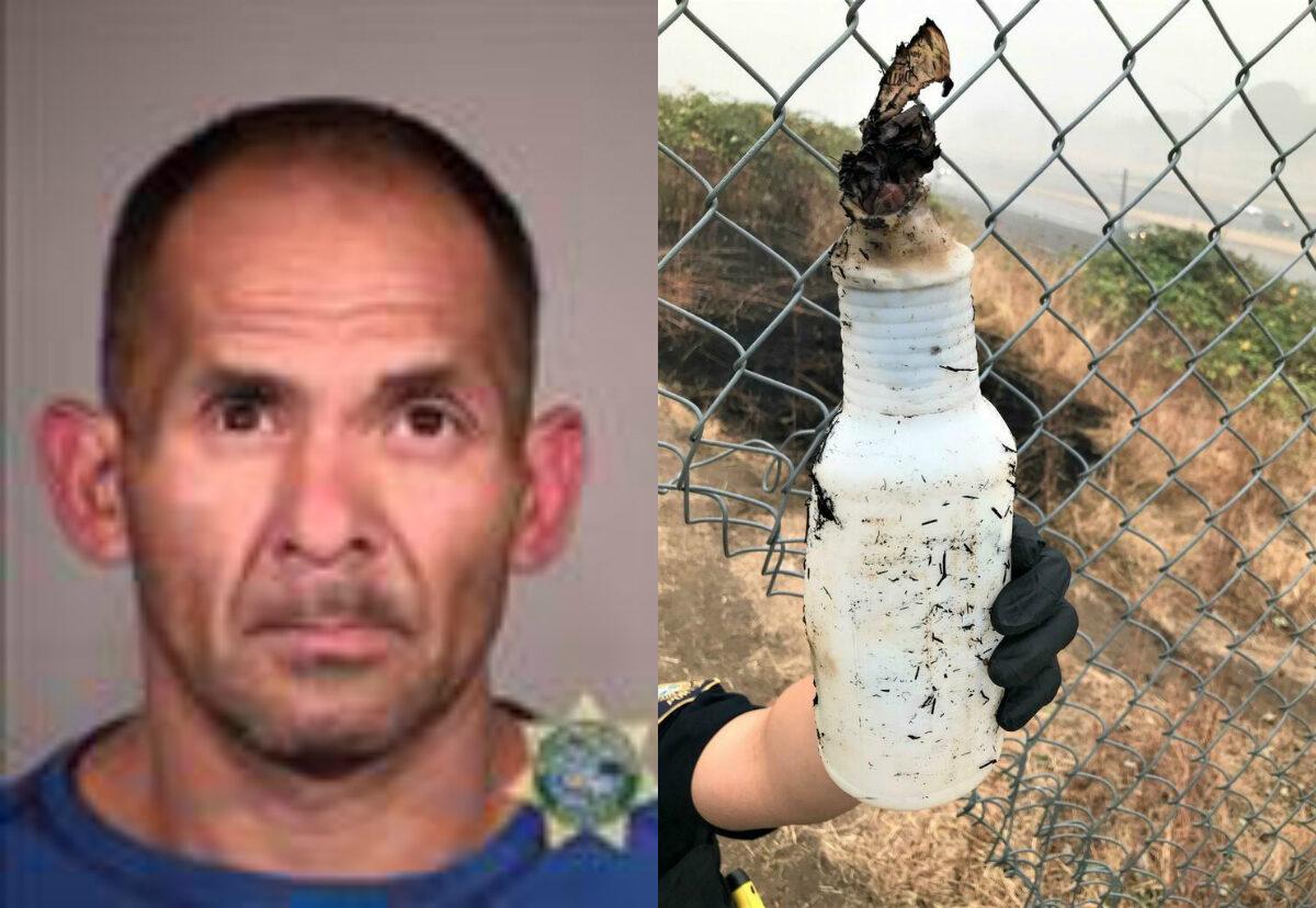 Domingo Lopez Jr., left, and a Molotov cocktail he allegedly used to start a fire in Portland, Ore., on Sept. 13, 2020. (Multnomah County Sheriff's Office; Portland Police Bureau)