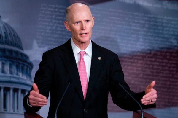 Senator Rick Scott (R-Fla.) speaks during a press conference at the US Capitol in Washington on March 25, 2020. (Alex Edelman/AFP via Getty Images)