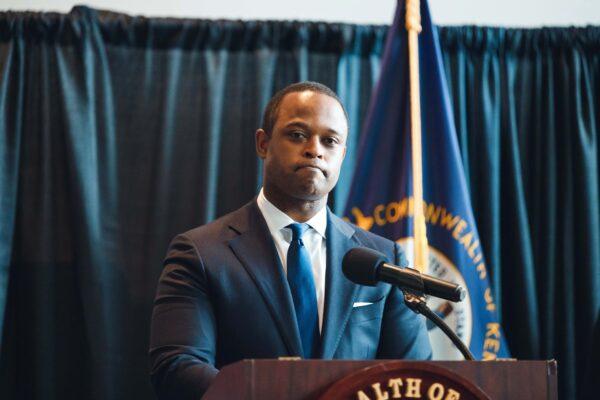 Kentucky Attorney General Daniel Cameron speaks to the media during a press conference in Frankfort, Kentucky, on Sept. 23, 2020. (Jon Cherry/Getty Images)