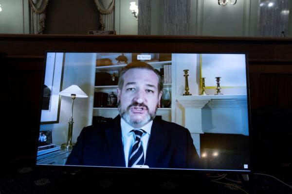 Sen. Ted Cruz (R-Texas) appears on a monitor as he asks questions to Twitter CEO Jack Dorsey remotely during the Senate Commerce, Science, and Transportation Committee hearing 'Does Section 230's Sweeping Immunity Enable Big Tech Bad Behavior?', on Capitol Hill in Washington, on Oct. 28, 2020. (Michael Reynolds/Pool via Reuters)
