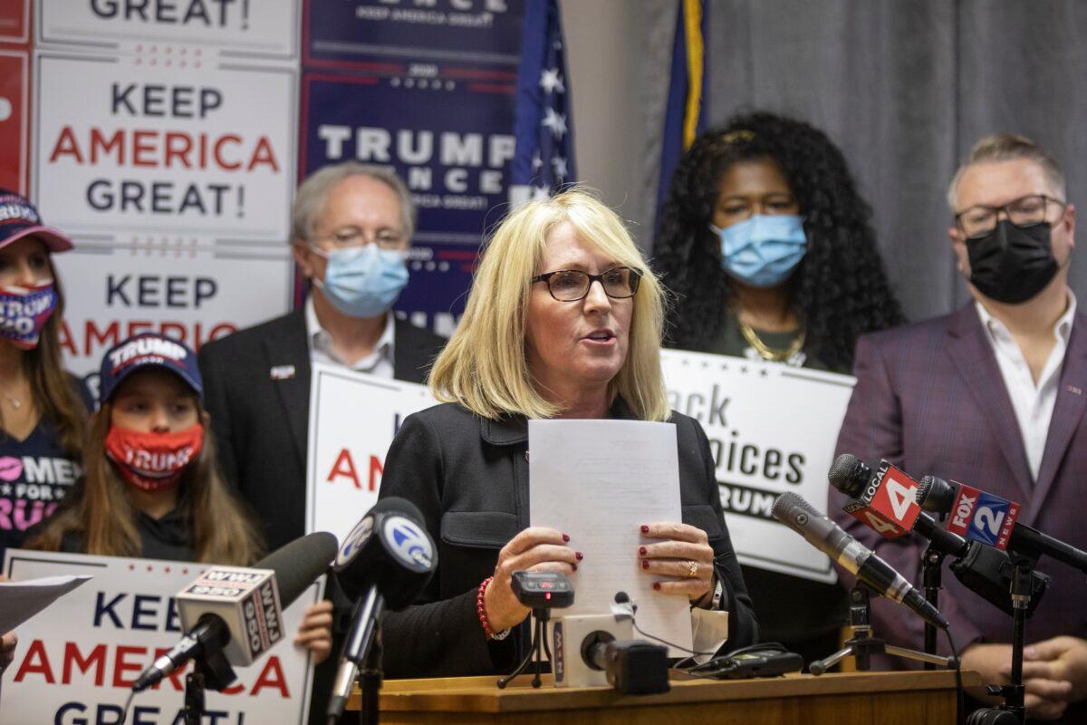 Michigan Republican Party Chairwoman Laura Cox speaks during a press conference in Bloomfield Hills, Mich., on Nov. 6, 2020. (Elaine Cromie/Getty Images)