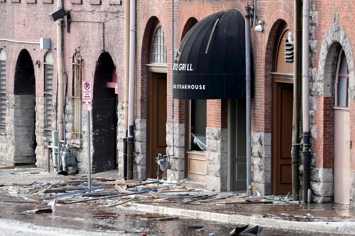 Debris is scattered near the scene of an explosion in downtown Nashville, Tenn., on Dec. 25, 2020. (Mark Humphrey/AP Photo)