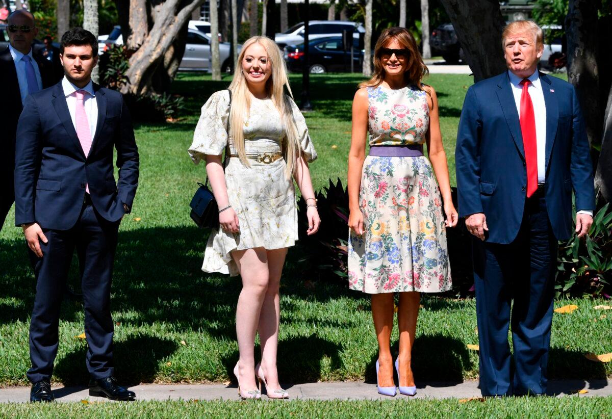 U.S. President Donald Trump, First Lady Melania Trump, his daughter Tiffany Trump (2L), and Tiffany's fiancé Michael Boulos (L) arrive at the Bethesda-by-the-Sea church for Easter services in Palm Beach, Florida on April 21, 2019. (Nicholas Kamm/AFP via Getty Images)