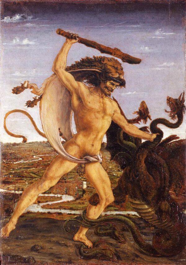 Hercules battles a serpentine water monster in “Hercules and the Hydra,” circa 1475, by Antonio del Pollaiuolo. Tempera on wood. Uffizi Gallery, Florence. (Public Domain)