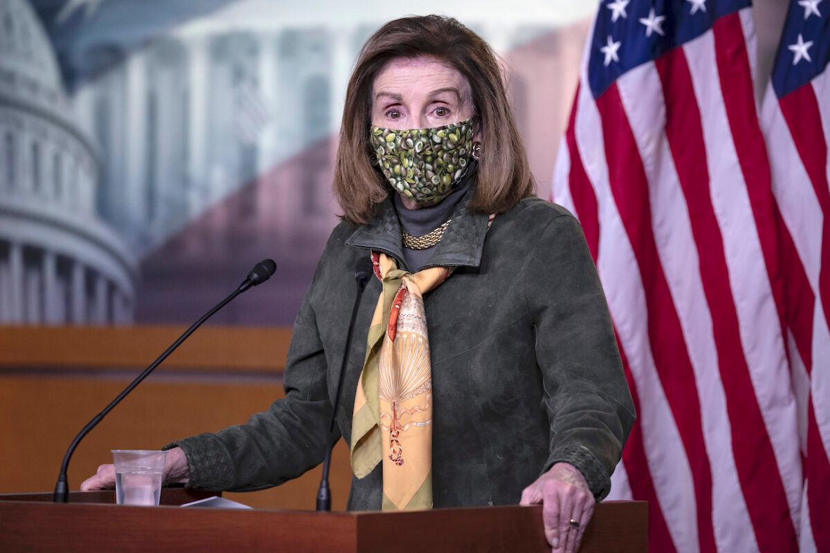 Speaker of the House Nancy Pelosi (D-Calif.) speaks at a weekly news conference at the U.S. Capitol in Washington on Feb. 18, 2021. (Tasos Katopodis/Getty Images)