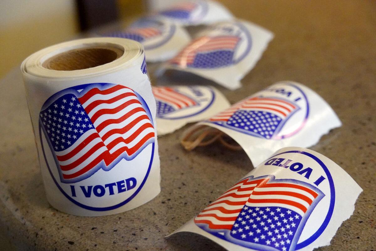 Stickers ready to be passed out to residents after they vote in Beloit, Wis., on Nov. 3, 2020. (Scott Olson/Getty Images)