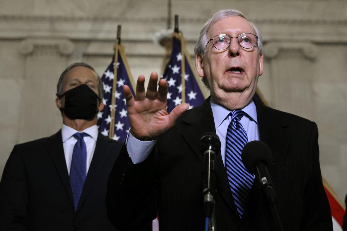 Senate Minority Leader Mitch McConnell (R-Ky.) talks to reporters following the weekly Senate Republican caucus luncheon in the Russell Senate Office Building in Washington on March 16, 2021. (Chip Somodevilla/Getty Images)