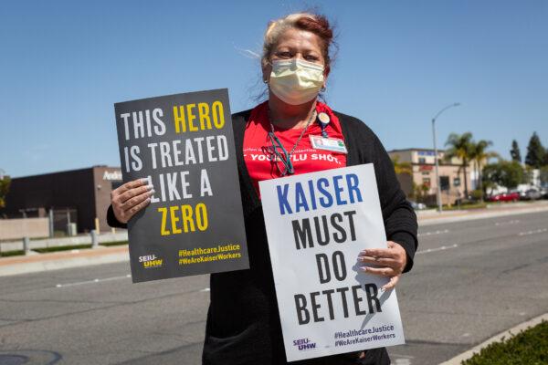 Kaiser Permanente health care workers protest in Anaheim, Calif., on March 24, 2021. (John Fredricks/The Epoch Times)