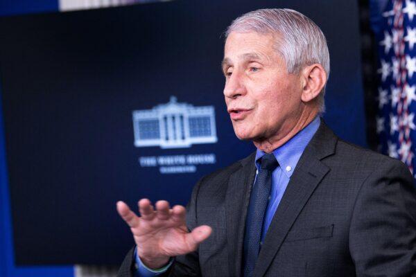 Dr. Anthony Fauci, director of the National Institute of Allergy and Infectious Diseases, speaks to reporters at the White House in Washington on April 13, 2021. (Brendan Smialowski/AFP via Getty Images)