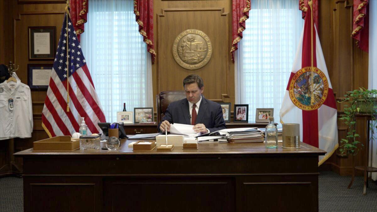 Florida Gov. Ron DeSantis in his office in Tallahassee, Fla., on April 1, 2021. (Screenshot via The Epoch Times)