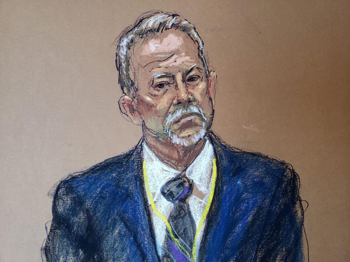 In this courtroom sketch, use-of-force expert Barry Brodd is questioned on the 12th day of the trial of former Minneapolis police officer Derek Chauvin in the death of George Floyd in Minneapolis, Minn., on April 13, 2021. (Jane Rosenberg/Reuters)