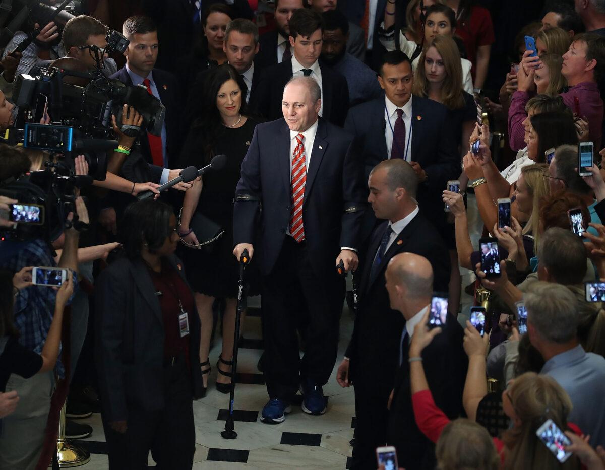 House Republican Whip Steve Scalise (R-La.) uses crutches after returning to the Capitol Hill for the first time after being shot in June at a congressional baseball team practice in Alexandria, Va., in Washington on Sept. 28, 2017. (Mark Wilson/Getty Images)