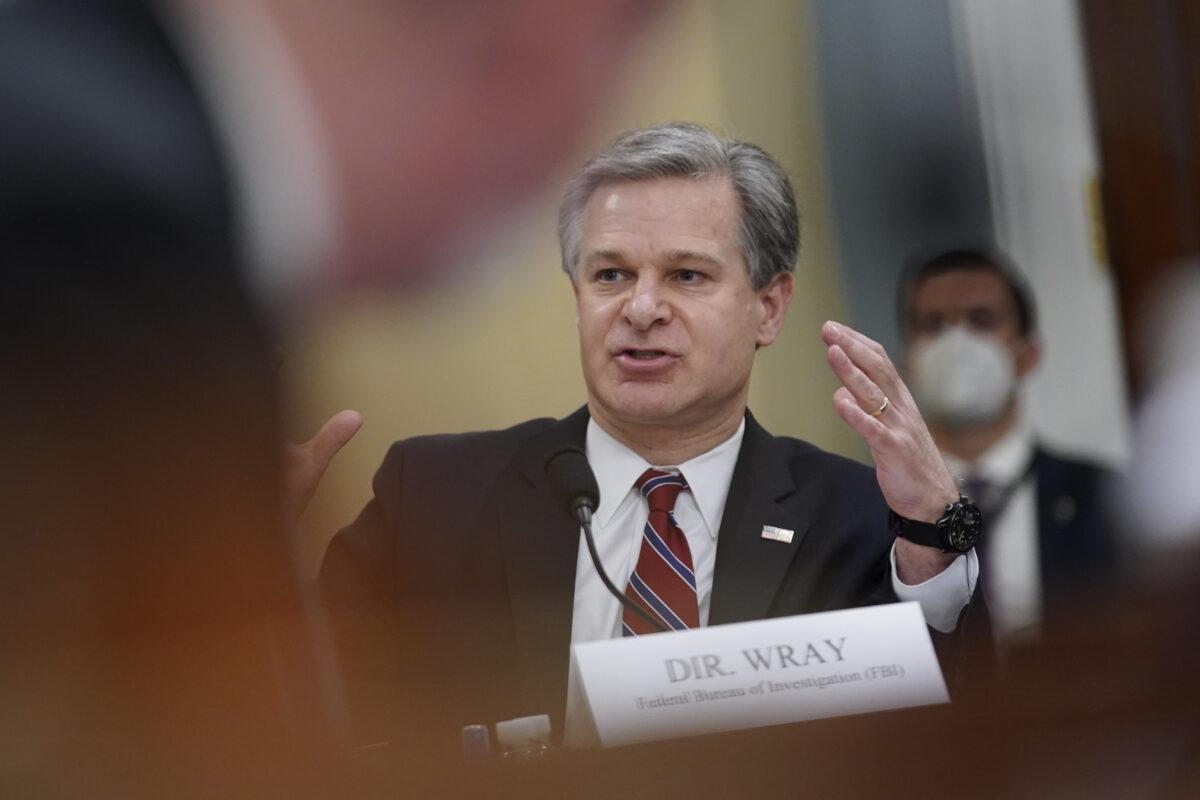 FBI Director Christopher Wray speaks during a House Intelligence Committee hearing in Washington on April 15, 2021. (Al Drago/Pool/Getty Images)