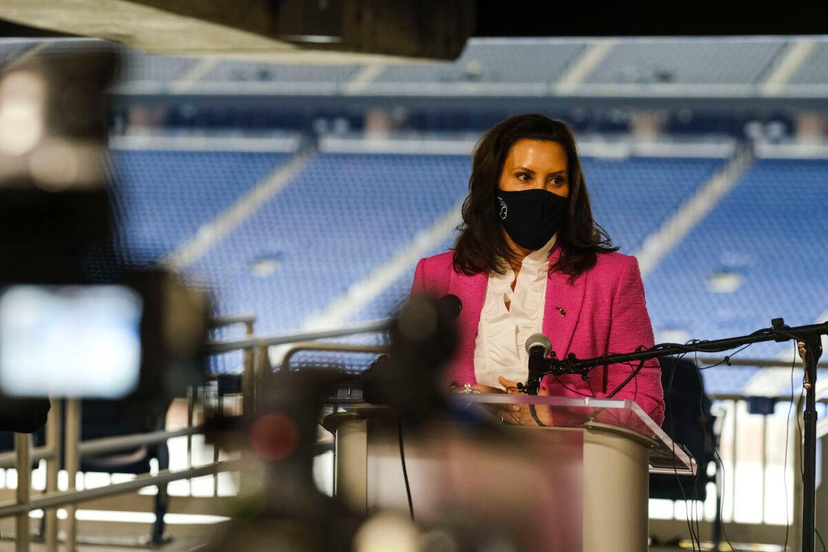 Michigan Governor Gretchen Whitmer speaks to members of the press at Ford Field in Detroit, Michigan, on April 6, 2021. (Matthew Hatcher/Getty Images)