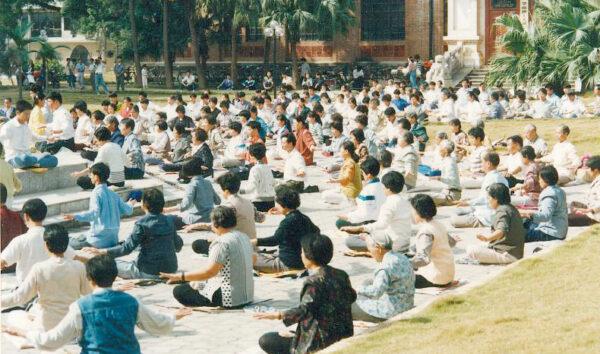 Falun Gong practitioners meditate at a park in Guangzhou, China, in 1998. The Chinese Communist Party banned the spiritual group in 1999. (Courtesy of Minghui.org)