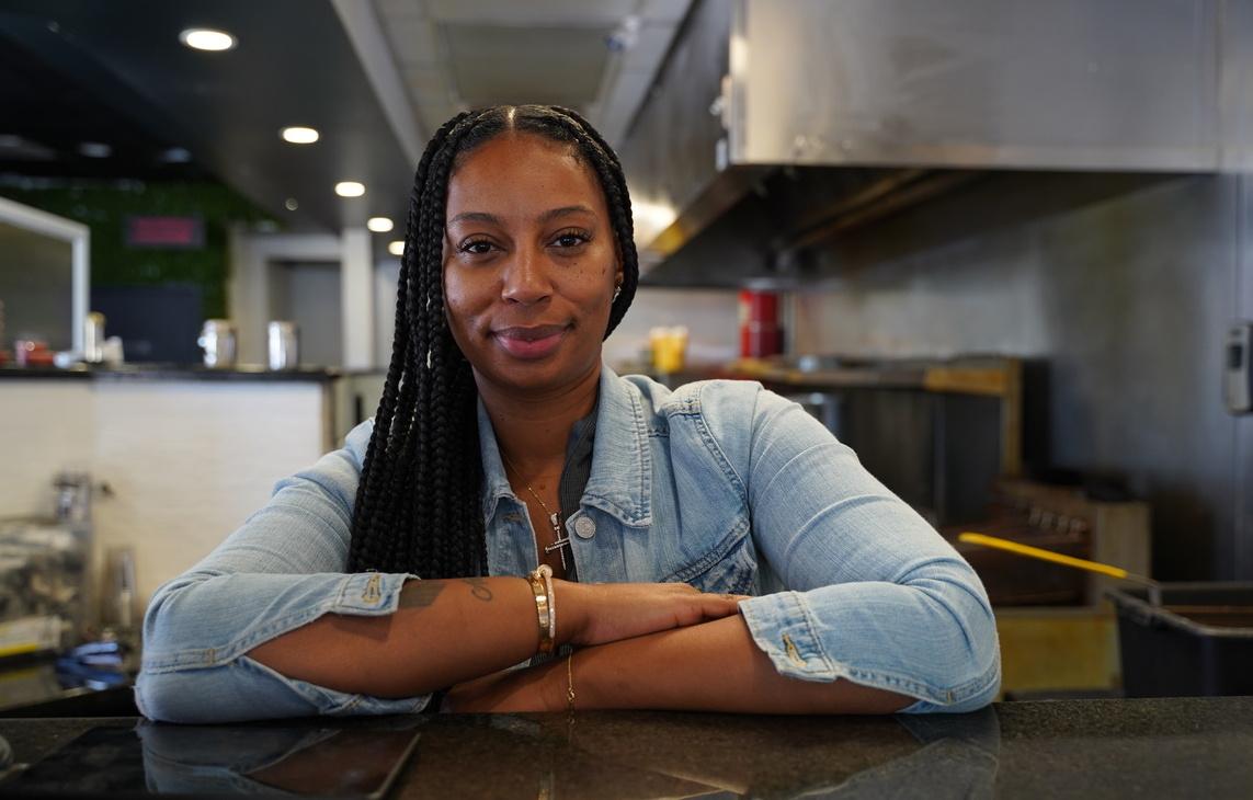 Keisha Rucker at her Soul Shack restaurant in Chicago, on April 30, 2021. (Cara Ding/The Epoch Times)