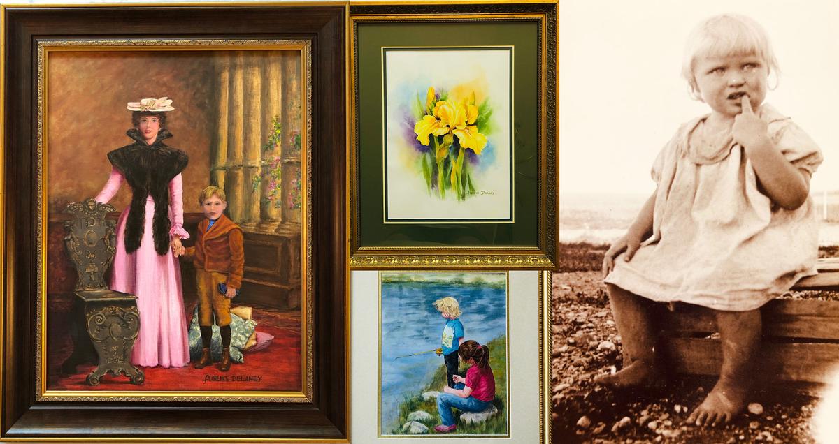 (L) Paintings by Florence Delaney; (R) Florence Delaney as a child. (Courtesy of Mona Shray)