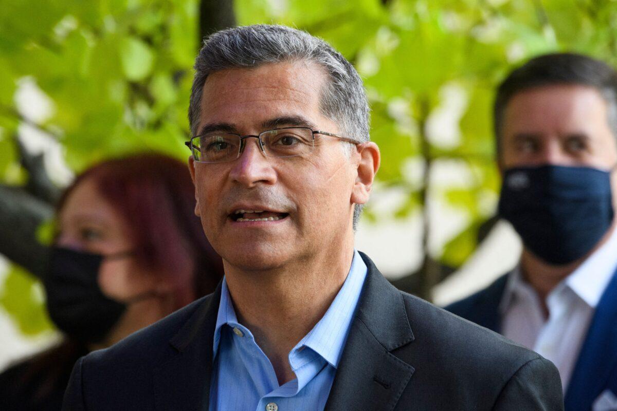 Xavier Becerra, Secretary of the Department of Health and Human Services, speaks at the Long Beach Convention center in Long Beach, Calif., on May 13, 2021. (Patrick T. Fallon/AFP via Getty Images)