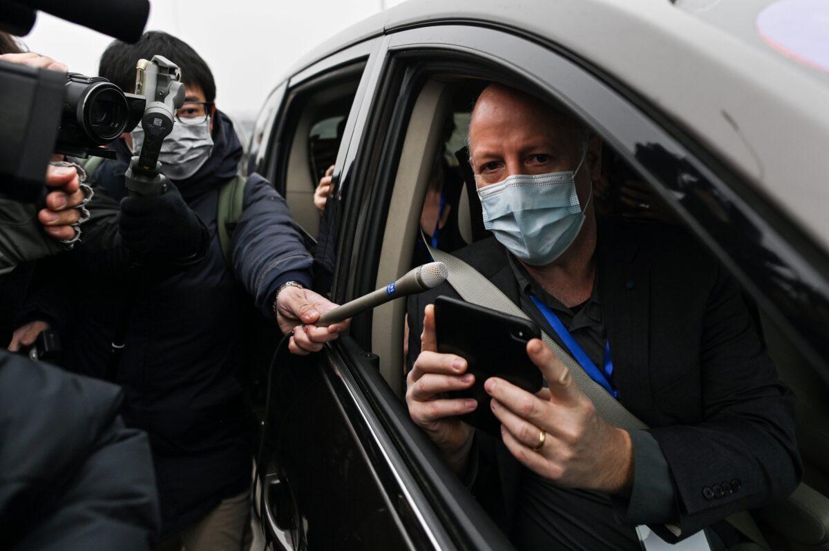 Peter Daszak, a member of the World Health Organization team investigating the origins of COVID-19, speaks to media upon arriving at the Wuhan Institute of Virology in Wuhan, Hubei Province, China, on Feb. 3, 2021. (Hector Retamal/AFP via Getty Images)