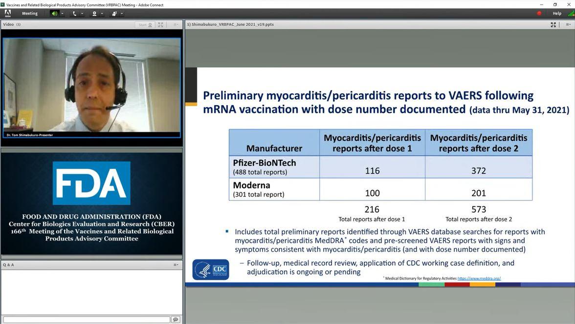 A slide on myocarditis reports post-COVID-19 vaccination is shown during the Food and Drug Administration's Vaccines and Related Biological Products Advisory Committee meeting on June 10, 2021. (FDA/Screenshot via The Epoch Times)