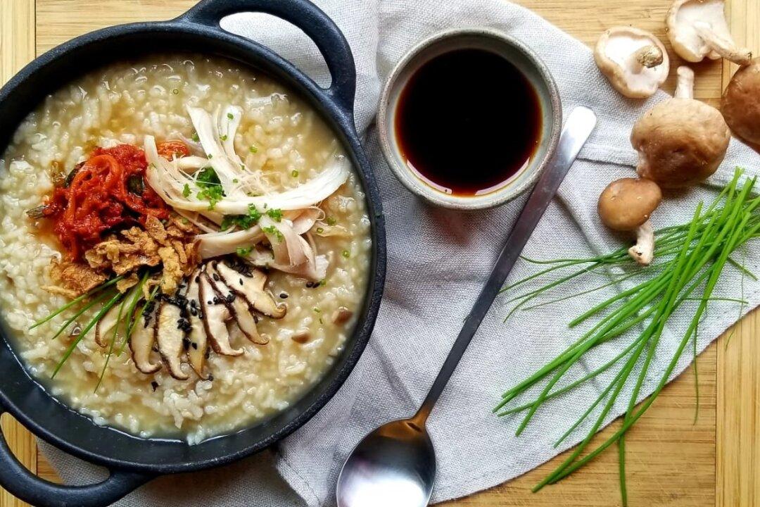 Chicken and Mushroom Juk (Korean Rice Porridge) With Kimchi