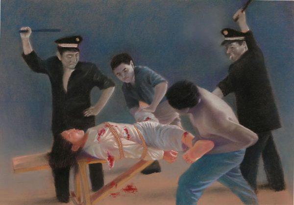 An illustration depicting the sexual abuse and severe torture of a female Falun Gong practitioner. (<a href="https://en.minghui.org/">Minghui.org</a>)